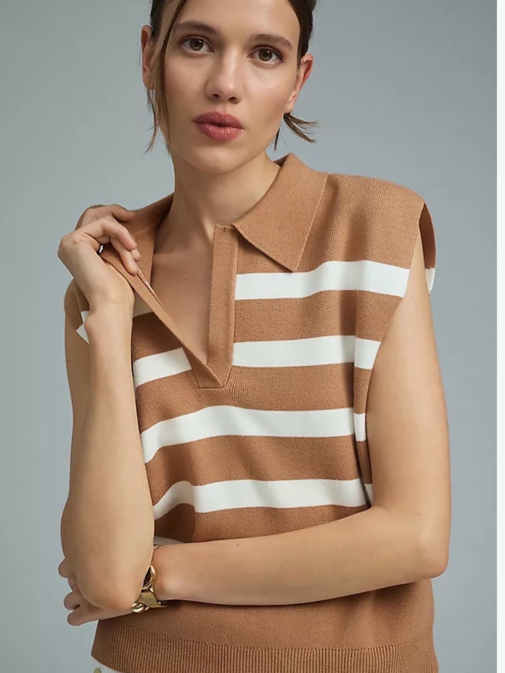 Maeve Brown and Cream Striped V-Neck Polo Sweater Vest